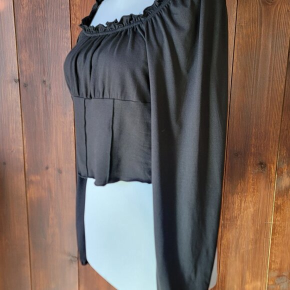 Black Off-Shoulder Crop Top Women L Ruffle Neck Balloon Sleeve Y2K 90s Vintage - Picture 2 of 13